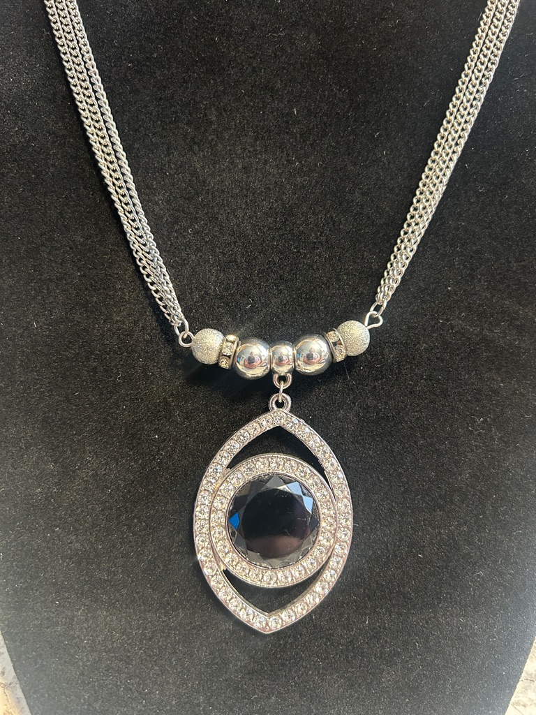 Silver-Tone Necklace With Black Crystal And Clear Accent Halo 25$